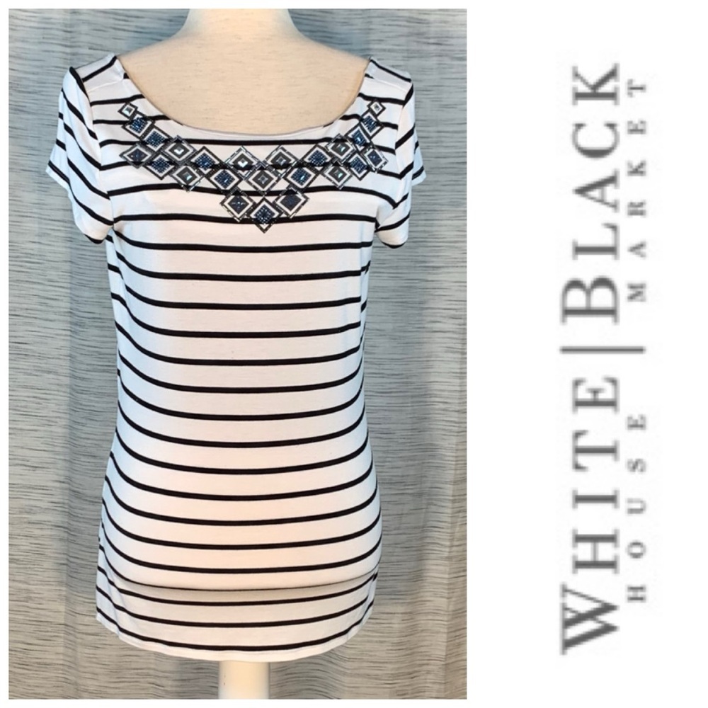 White House Black Market Striped Embellished Top - Black and White
